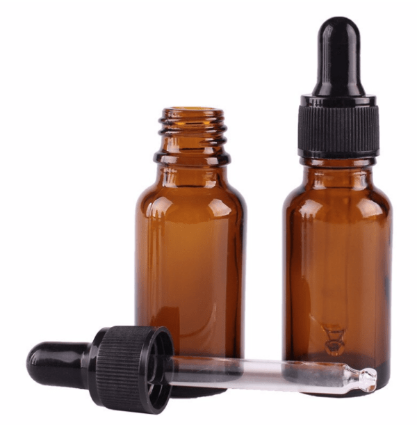 Amber (bruinglas) glazen pipetflesje – 20 ml – inclusief zwart pipet