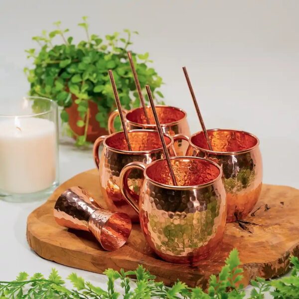 Puur koperen Moscow Mule set gehamerd 9-delig (met shotglaasje op voet) Ayurveda Specialist