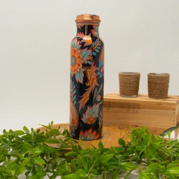Puur koperen waterfles met bloemenprint ± 950 ml (320 gr) Ayurveda Specialist